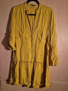 Zara Mustard Yellow Button-Front Long Sleeve Dress